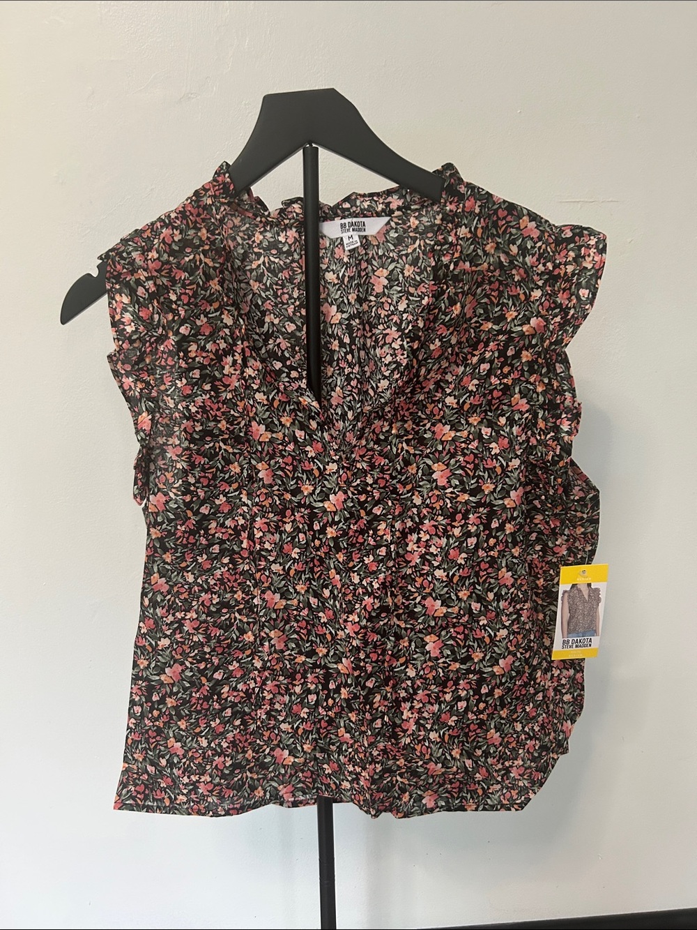 BB Dakota Black Floral Ruffle Sleeve Camisole with Pink and Green Accents
